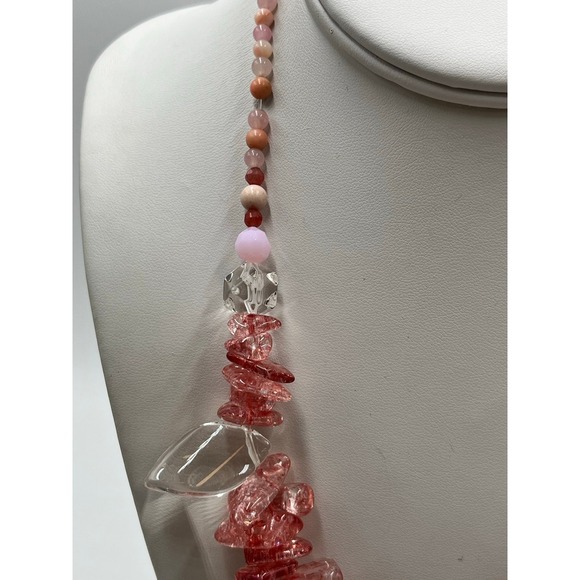 Cherry Quartz & Clear Quartz Chip Bead Statement Necklace Pink Coral Gemstone - Picture 4 of 13